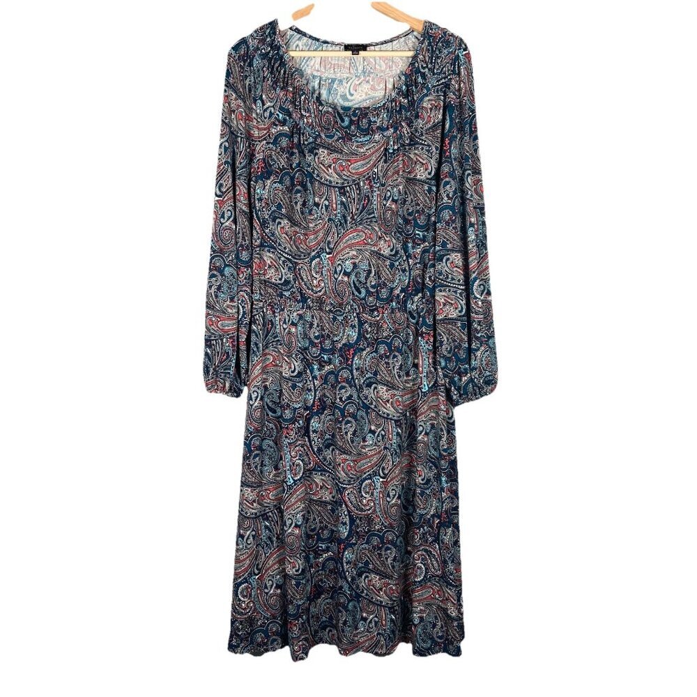 TALBOTS‎ Teal Paisley Stretch Shirred Blouson Midi Dress Size L Large Classic